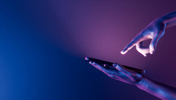 3D hands holding a smartphone and pointing at it 3d hands holding a cell phone and pointing to the screen. neon lights. futuristic concept, technology, metaverse and crypto. 3d rendering communication stock pictures, royalty-free photos & images