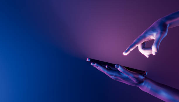 3D hands holding a smartphone and pointing at it 3d hands holding a cell phone and pointing to the screen. neon lights. futuristic concept, technology, metaverse and crypto. 3d rendering handheld stock pictures, royalty-free photos & images