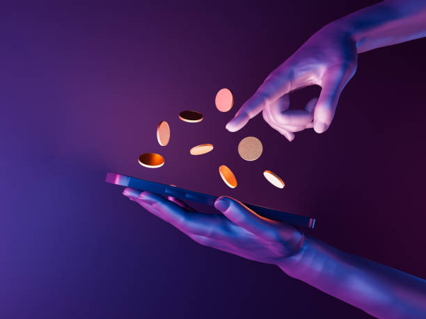 futuristic play to earn concept 3d hands holding a cell phone with coins on the screen. neon lights. futuristic concept of play to earn, video games, technology, metaverse and crypto. 3d rendering metaverse stock pictures, royalty-free photos & images