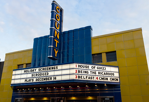 Doylestown, Pa. USA, Dec.10, 2021: marquee of the County Theater, Doylestown, Pa. USA