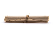 Scroll of yellowed paper with torn edges tied with a coarse rope