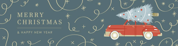 istock Christmas banner with cute design of stars, confetti, car with Christmas tree 1358395577