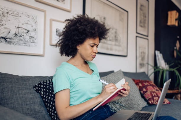 istock Young African-American woman is solving a business problem at her living room 1358399367