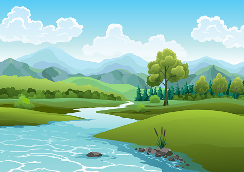 Landscape with river flowing through hills, scenic green fields, forest and mountains. Beautiful scene with river bank shore, reed cane, blue water, green hill, grass tree and clouds on sky.