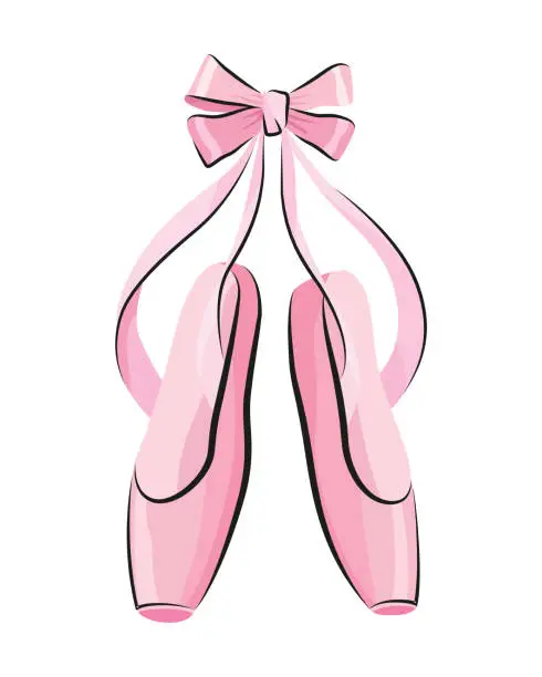 Vector illustration of Ballet accessorie. Pink pair of pointe-shoes with satin or silk ribbon. Vector hand drawn sketch style object