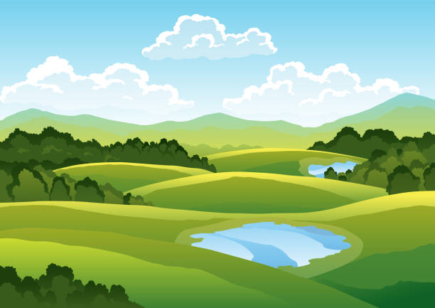 grüner golfplatz. landschaft beautifle hintergrund. handgezeichnete naturlandschaft mit baum, grünem gras und see - golf landscape golf course tree stock-grafiken, -clipart, -cartoons und -symbole