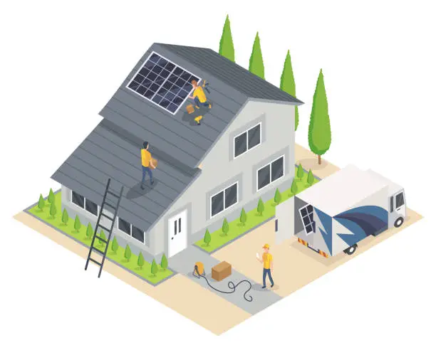 Vector illustration of Solar cell installing. Team service working on installation solar cell on roof top. Smart home system. Ecology energy saving concept for free energy