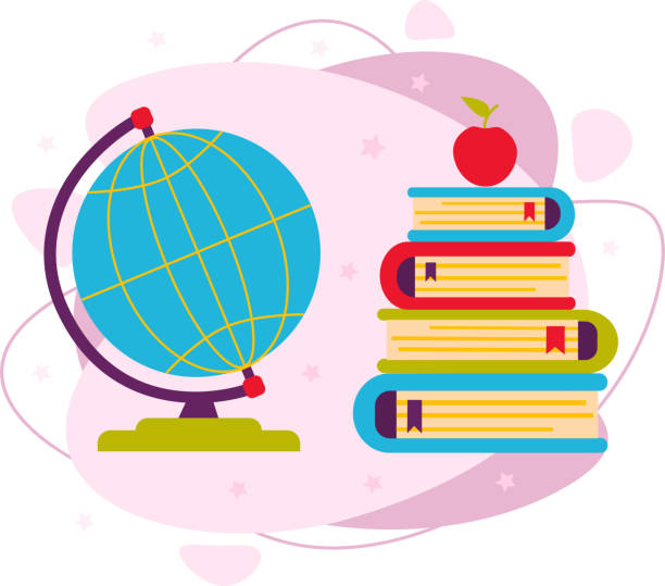 illustrazioni stock, clip art, cartoni animati e icone di tendenza di una mela per una pila di libri e un globo. - apple stack white backgrounds