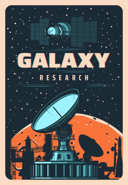 Astrophysical laboratory and space satellite Astrophysical laboratory and space satellite. Galaxy research vector poster, observatory antenna dish on full moon and starry sky background. Cosmic exploration, outer cosmos explore vintage card Observatory stock illustrations