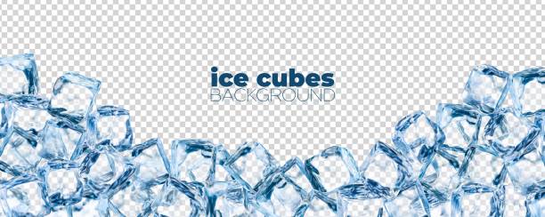 Realistic ice cubes background, crystal ice blocks Realistic ice cubes background, crystal ice blocks frame, isolated border of blue transparent frozen water cubes. 3d vector glass or icy solid pieces for drink ad with clean square blocks ice borders stock illustrations