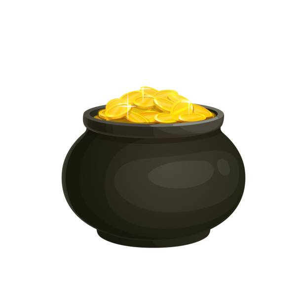 illustrazioni stock, clip art, cartoni animati e icone di tendenza di vaso del tesoro dei cartoni animati, calderone con monete d'oro - leprechaun st patricks day cartoon luck