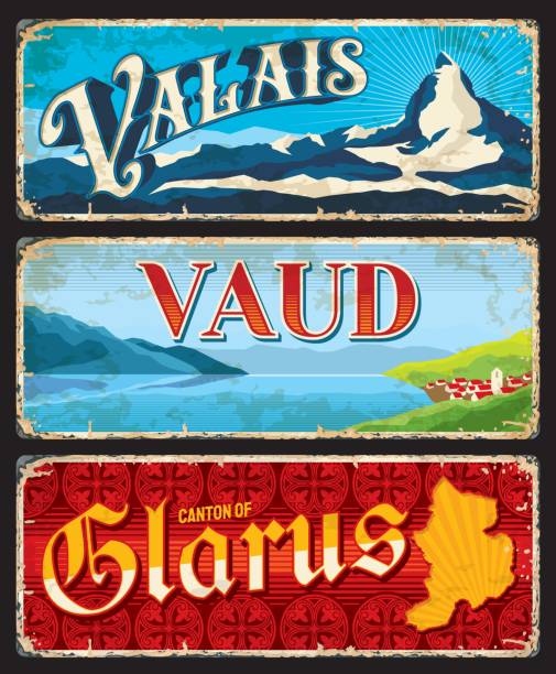 ilustraciones, imágenes clip art, dibujos animados e iconos de stock de valais, vaud y glarus conjunto de placas de cantones suizos - geneva canton