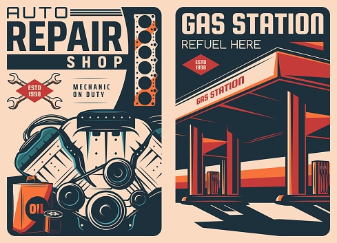Gas station and car repair retro posters. Auto mechanic workshop, repair garage station and spare parts store vector vintage banner with car engine gasket, oil can and air filter, gas station building