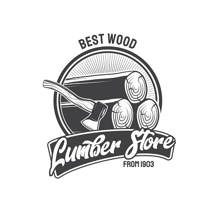 Lumber store vector icon of wood industry, timber production and processing design. Hard wood logs or tree trunks pile with logger or lumberjack axe isolated monochrome symbol, wooden materials