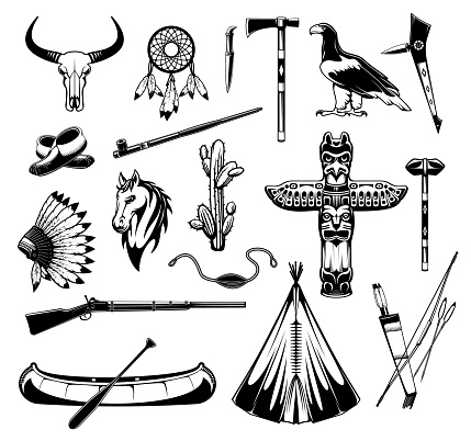 Native American Indians items and weapon icons, vector tribal symbols. American Indian tomahawk and canoe boat, Apache chief feather headdress and totem, dream catcher, wigwam and bullhorn skull