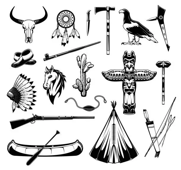 Vector illustration of Native American Indians items and weapon icons
