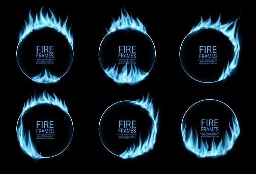 Round frames of blue gas fire flames in circle rings, vector. Blue gas light glow effect border frames of burning flares or neon ice energy and shine power