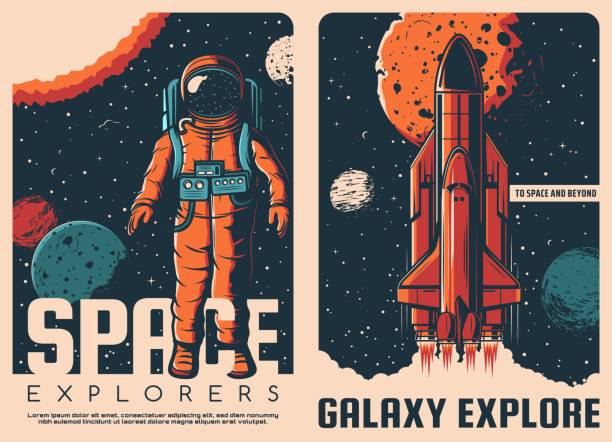 Astronaut and spaceship travel vector retro poster Astronaut and spaceship retro posters. Galaxy exploration, space travel and planets research vector vintage posters with astronaut in spacesuit, launching shuttle spaceship and Solar system planets astronaut in outer space stock illustrations
