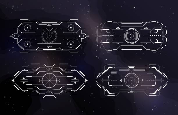 HUD aim control frame interface futuristic target HUD aim control frame interface futuristic target screen. Vector ski-fi monitors, digital UI techno elements, military optical spaceship aiming. Collimator radar sight, gun focus range indication set pointing gun at computer stock illustrations