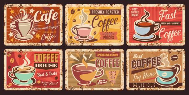 Coffee shop, cafe and cafeteria metal rusty plates Coffee or cafe shop plates of rusty metal and vector retro vintage posters. Coffee cups and drinks menu signs for cappuccino and espresso with breakfast quotes, cafeteria, and coffeehouse metal plates breakfast borders stock illustrations