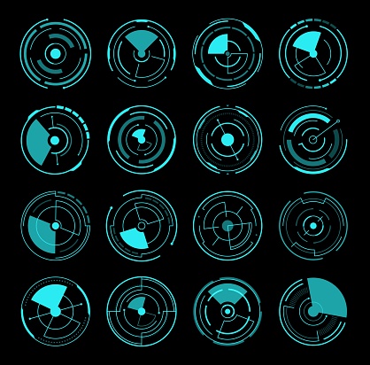 HUD interface round radars, futuristic circles game UI, vector icons. HUD digital interface for screen dashboard, round frames of sonar of radar or location tracking scanner or gauges for display