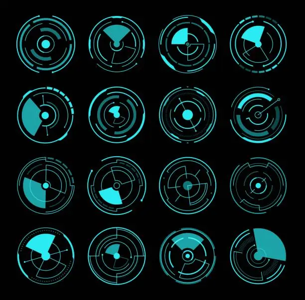 Vector illustration of HUD interface round radars, futuristic game UI