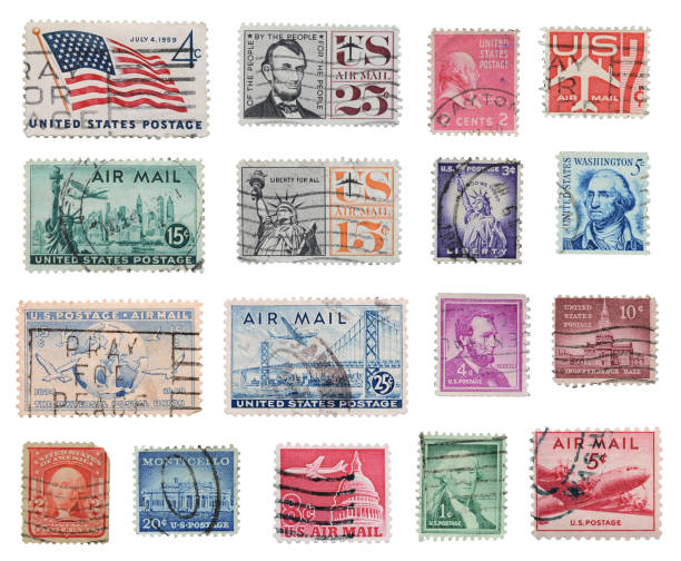 United States of America postage stamps isolated on a background. United States of America postage stamps isolated on a white background. stamp collecting stock pictures, royalty-free photos & images