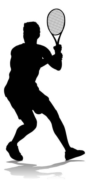 illustrazioni stock, clip art, cartoni animati e icone di tendenza di tennis silhouette sport player uomo - tennis silhouette back lit tennis ball