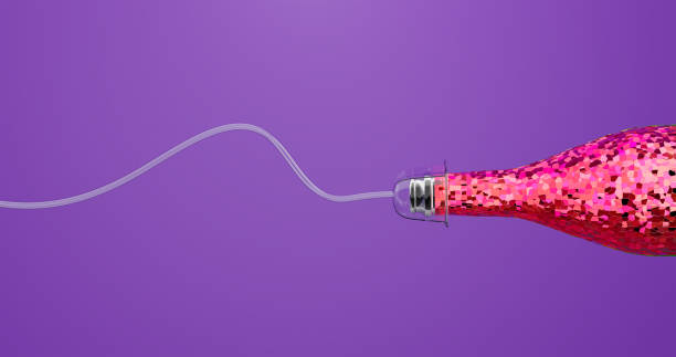 istock 3d illustration, 3d rendering. Bottle of champagne hanging in drip stand. 1358417062