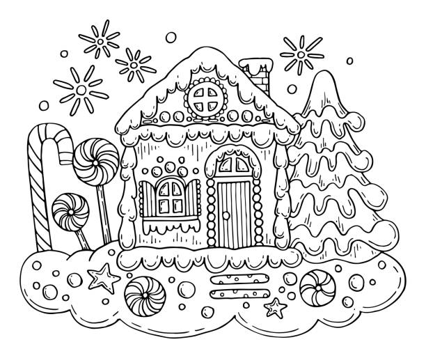 クリスマスジンジャーブレッドハウスベクター着色ページ。休日のお菓子、ロリポップ、キャンディー、クッキー、装飾されたトウヒと星。手描きの線画冬イラスト。幸せな休日 - お絵かき点のイラスト素材／クリップアート素材／マンガ素材／アイコン素材