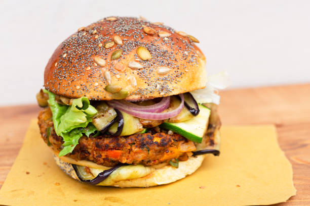 istock homemade veggie burger on straw paper 1358417870