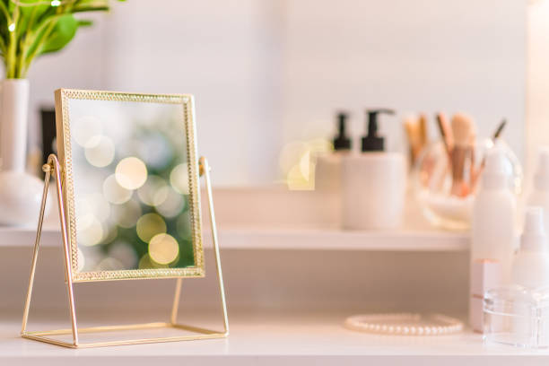istock Reflection of christmas tree, light bulbs, in table mirror on woman dressing table with make up accessories 1358419063