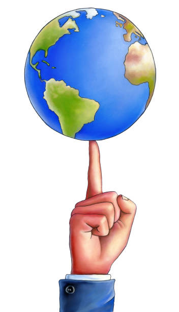 Business world Business man spinning an earth globe on the top of his finger. Mixed media illustration. finger spinning globe stock illustrations