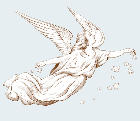 Flying angel scattering flowers. Biblical illustrations in old engraving style. Decor for religious holidays. Hand drawn vector illustration.