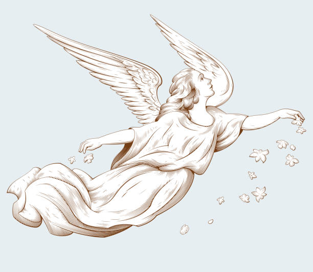 Flying angel scattering flowers. Biblical illustrations in old engraving style. Flying angel scattering flowers. Biblical illustrations in old engraving style. Decor for religious holidays. Hand drawn vector illustration. angel stock illustrations