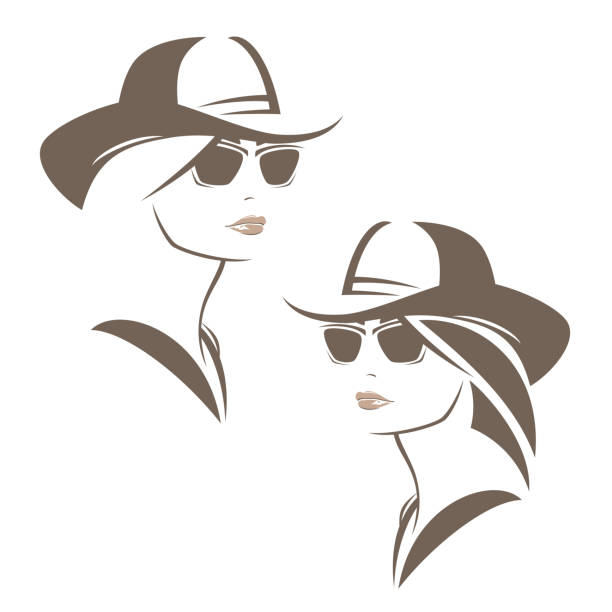 cool cowgirl woman wearing sunglasses and cowboy hat vector head portrait cool beautiful cowgirl with long hair wearing sunglasses and traditional cowboy hat - woman head vector portrait design set girl with cowboy hat stock illustrations
