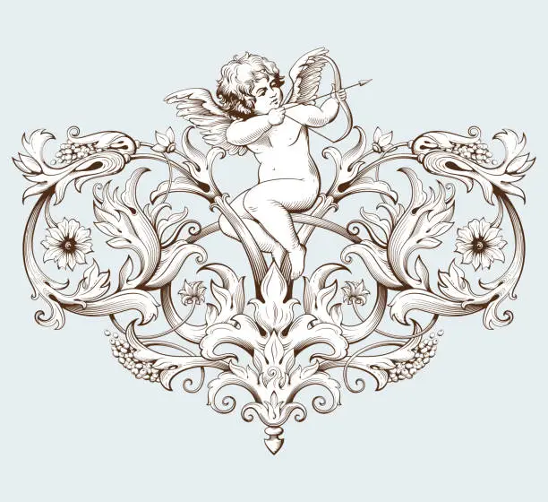 Vector illustration of Cupid holding bow and arrow. Decorative element with baroque ornament in old engraving style.