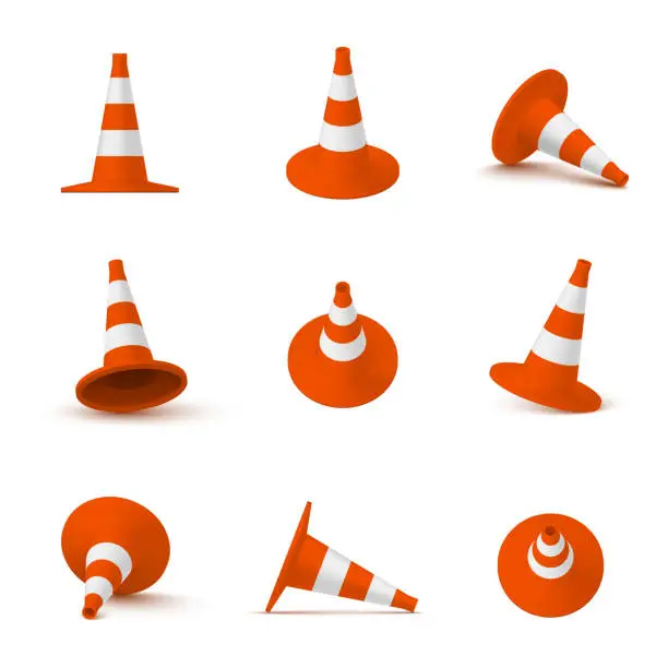 Vector illustration of Striped traffic cones in various position set realistic vector. Plastic safety highway construction