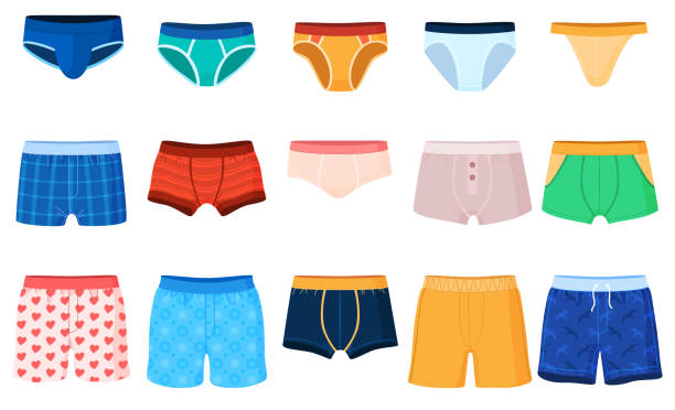 Colored mens underwear set vector flat cartoon illustration. Collection man fashion lingerie vector art illustration