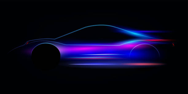 istock Side view neon glowing sport car silhouette. Abstract modern styled vector illustration. 1358426448