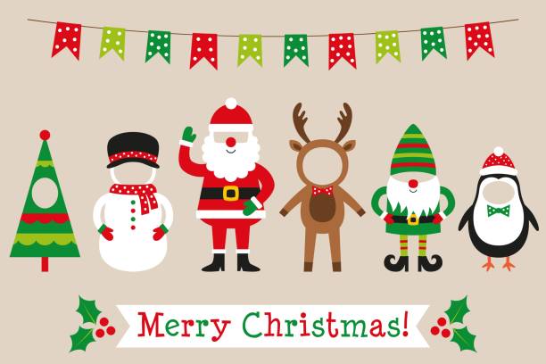 Christmas party props set (Santa, deer, gnome, snowman, penguin) Christmas party props set (Santa, deer, gnome, snowman, penguin) anthropomorphic face photos stock illustrations
