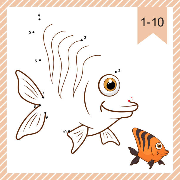 illustrations, cliparts, dessins animés et icônes de point à point. drôle de poisson. jeu de logique et coloriage avec réponse. reliez les points par des chiffres et terminez le dessin animé mignon poisson de mer. feuille de travail sur l’éducation pour les bébés pratiquant le nombre de numéros à  - silhouette one finger sports equipment recreational pursuit