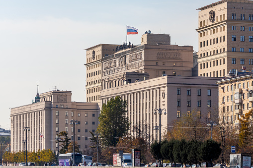 Moscow, Russia - October  14, 2021:  a monumental historical building of the Ministry of Defense on the embankment of the Moscow River