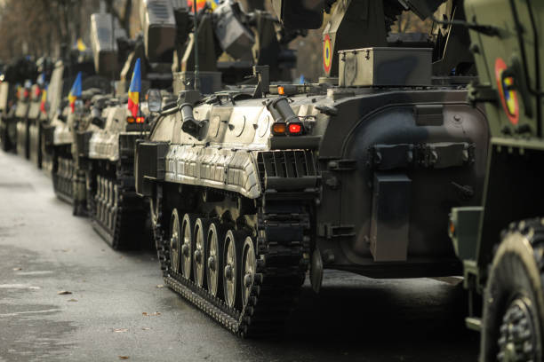 MLI 84 M combat armored vehicle, at Romanian National Day military parade passes under the Arch of Triumph BUCHAREST, ROMANIA - December 1, 2021: MLI 84 M combat armored vehicle, at Romanian National Day military parade passes under the Arch of Triumph nato stock pictures, royalty-free photos & images