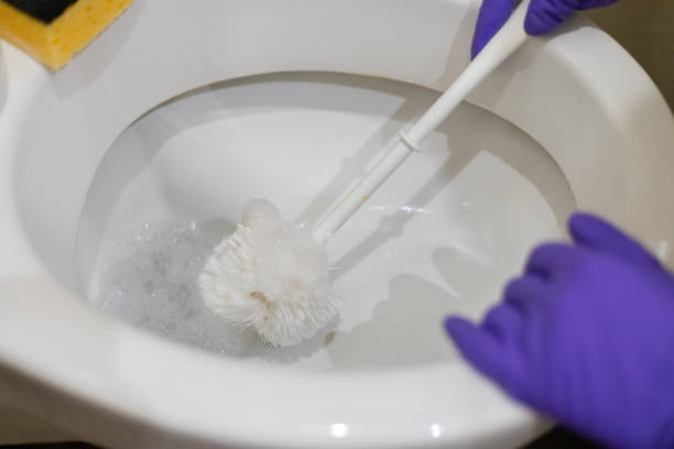 istock Man hand cleaning toilet with brush 1358432203