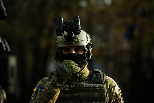 Bucharest, Romania - 1 December, 2021: Romanian army special forces soldiers prepare for the Romanian national day military parade.