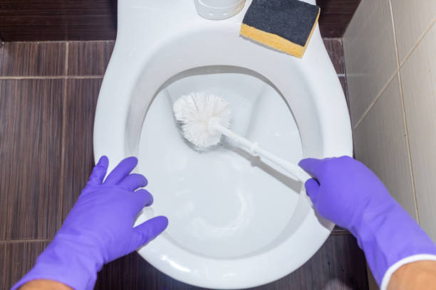 istock Man hand cleaning toilet with brush 1358432449