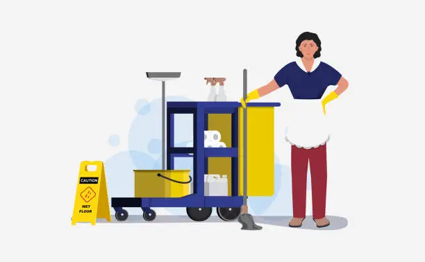 Vector illustration of Vector illustration of detailed cleaning cart with beayty woman cleaner.