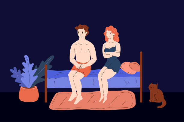 impotence and erectile dysfunction. impotency. sad woman and man in bed at night after bad sex. prostatitis and prostate cancer. soft flaccid penis is frustrating for the patient. stock vector. - 性與生殖 插圖 幅插畫檔、美工圖案  、卡通及圖標