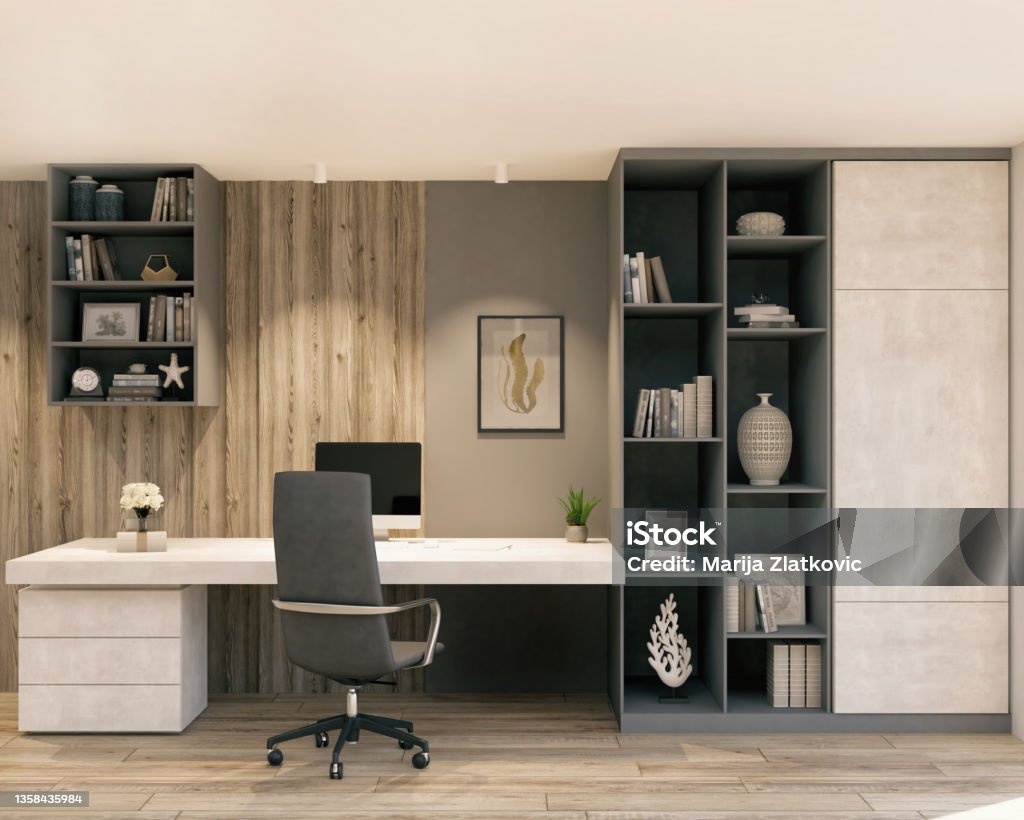 Modern Home Office Picture of a modern home office. Render image. Working At Home Stock Photo